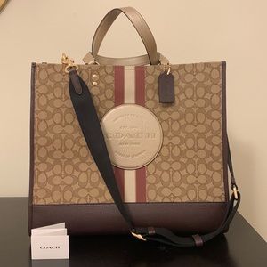 NWT coach Dempsey tote signature brown jacquard with gold and brown trim leather
